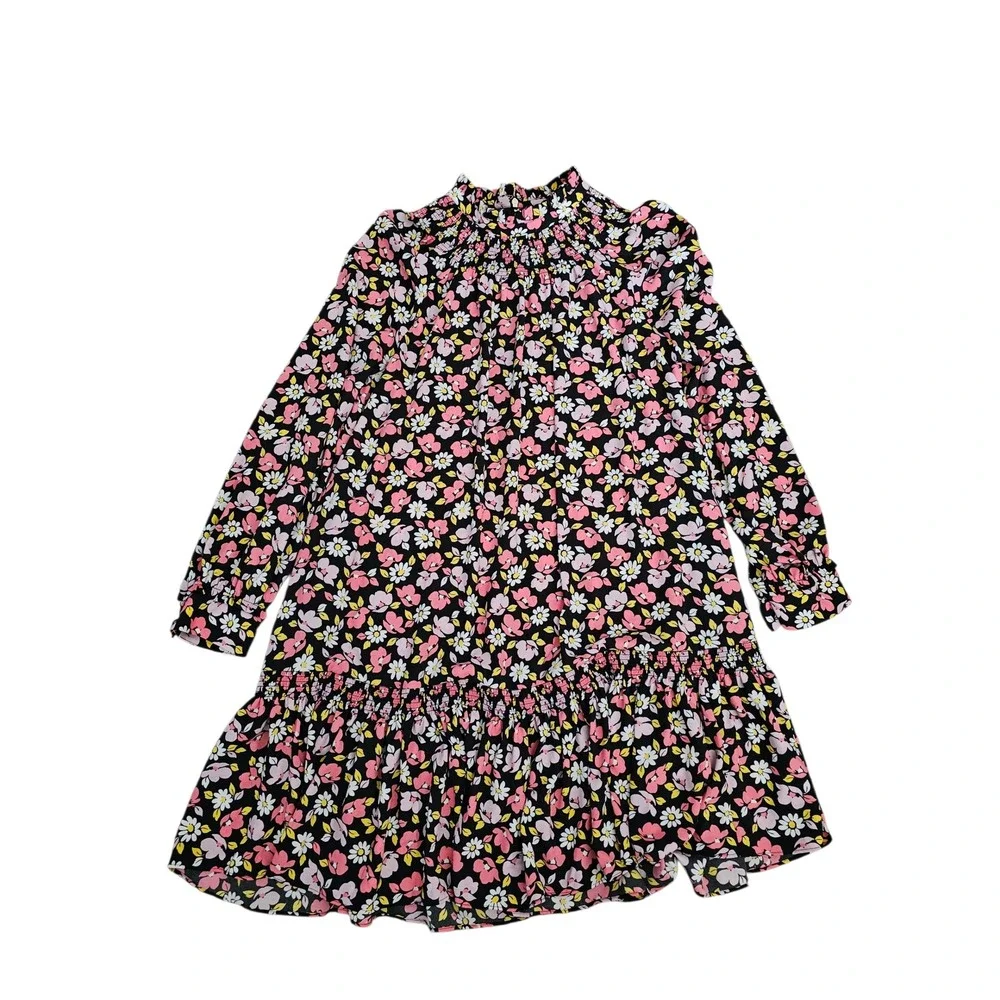 Kate Spade Road Trip Floral Smocked High Neck‎ Drop Waist Mini Dress Black XL